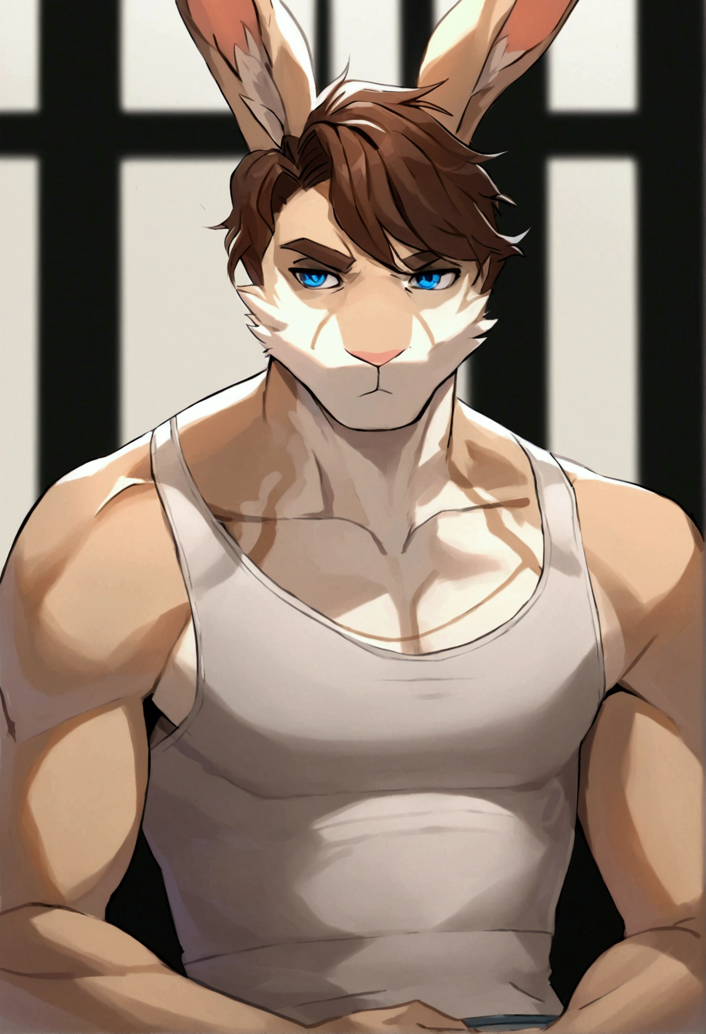 Anthro male rabbit man, underwear, serious expression, upper body, brown hair, blue eyes, toned build, sitting