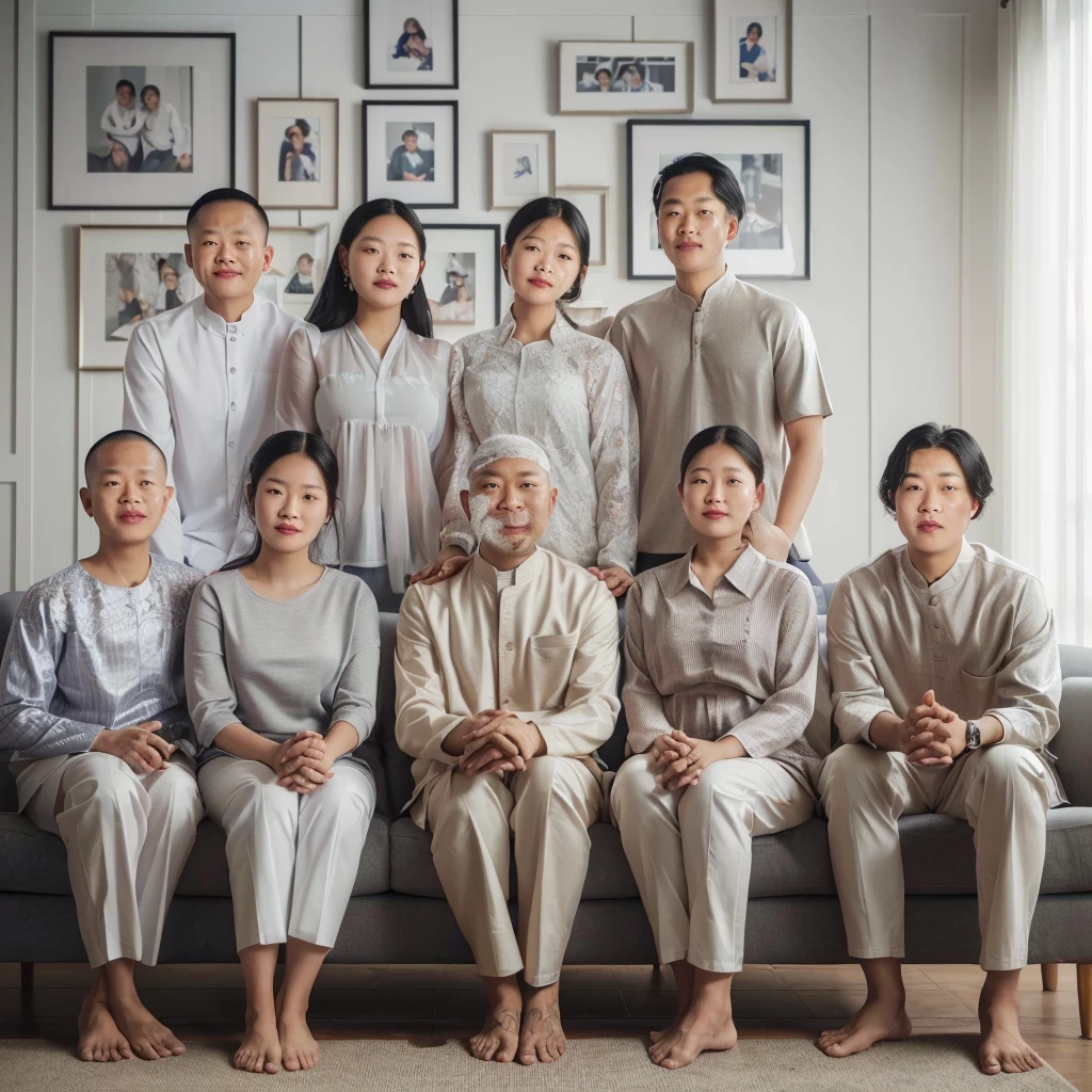 there are many people sitting on a couch together in front of pictures, barong family, barong family member, michelin man family portrait, an indonesian family portrait, a group of people, full body portrait of a group, nft portrait, full - body artwork, family portrait, by Jang Seung-eop, faceless people, no faces, multiple faces