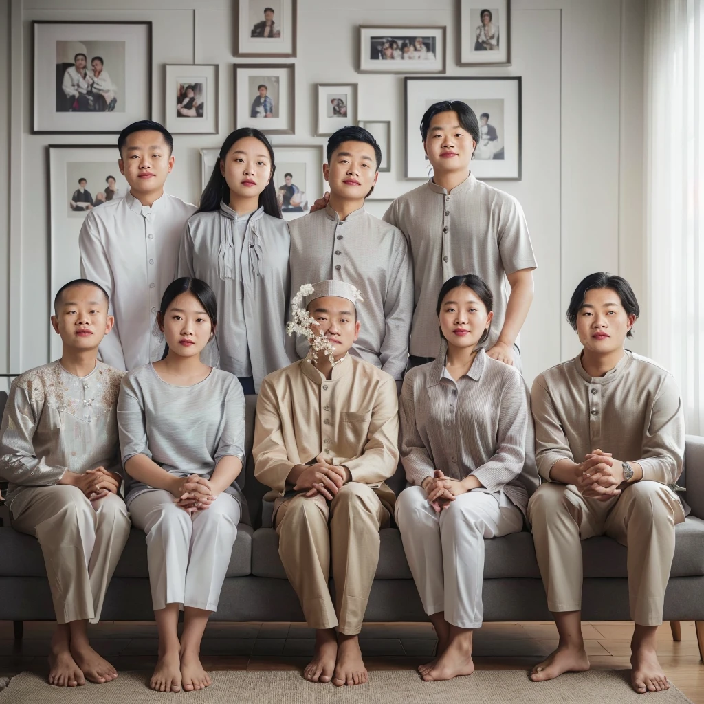 there are many people sitting on a couch together in front of pictures, barong family, barong family member, michelin man family portrait, an indonesian family portrait, a group of people, full body portrait of a group, nft portrait, full - body artwork, family portrait, by Jang Seung-eop, faceless people, no faces, multiple faces