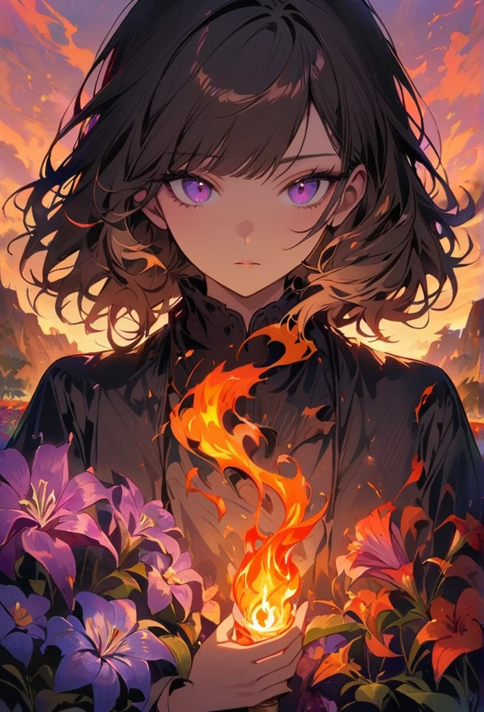 1 Girl, bangs, breathing fire, combustion, Burnt clothes, ember, Ahog, Beige hair, Colorful hair, fire, fire flame, fire flame剑, (Hold the hilt of a sword in your hand), permanent, Medium hair, Thermal power, Expressionless, cigarette, flower(Symbolism), Solitary, fireflower, Sunset, twilight, purple flower, molten rock, lily (flower), fiery flower, Depth of Field, combustion ,
