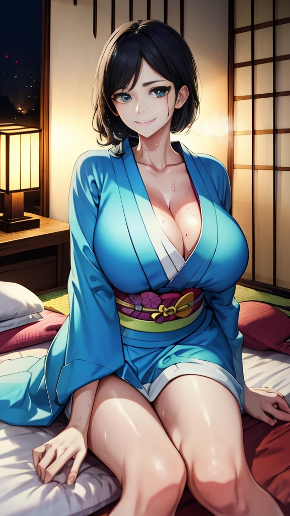 Highest quality、Highest quality、masterpiece、High-end、
,
(kimono:1.28),Heart-shaped pupils、
smile,Mouth closed,
Lady,Mature Woman, Cowboy Shot,
(Dark Room:1.5, Love hotel beds in Japan:1.5, Detailed Background:1.18),
High resolution,Official Art,original,masterpiece,Highest quality, reality、
(Huge breasts),
 (Oily skin),((vapor,Sweat))
Lying on the futon in a sexy pose、Lie down with your legs apart