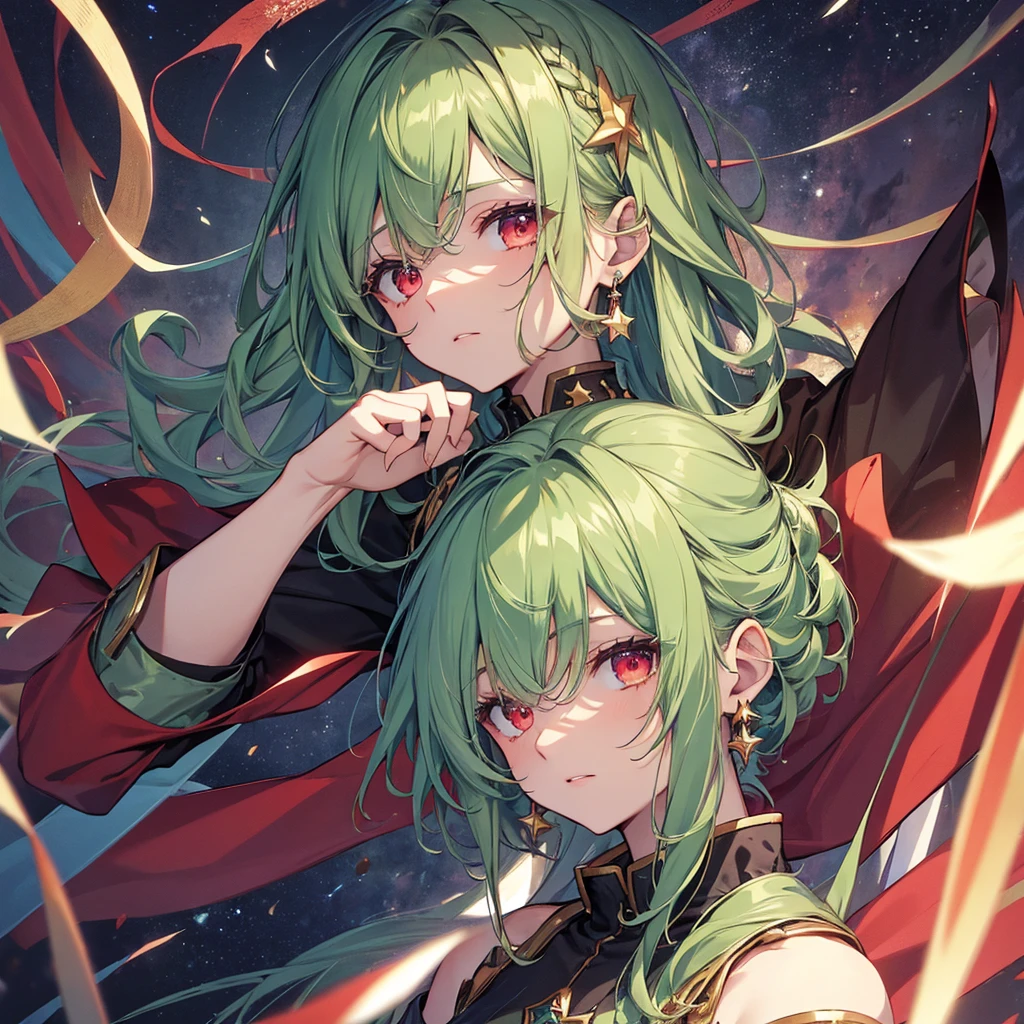 high resolution, shorth hair, Eyes red, aretes, sheen, stele, pretty, hair green, star accessories, sleepy eyes.