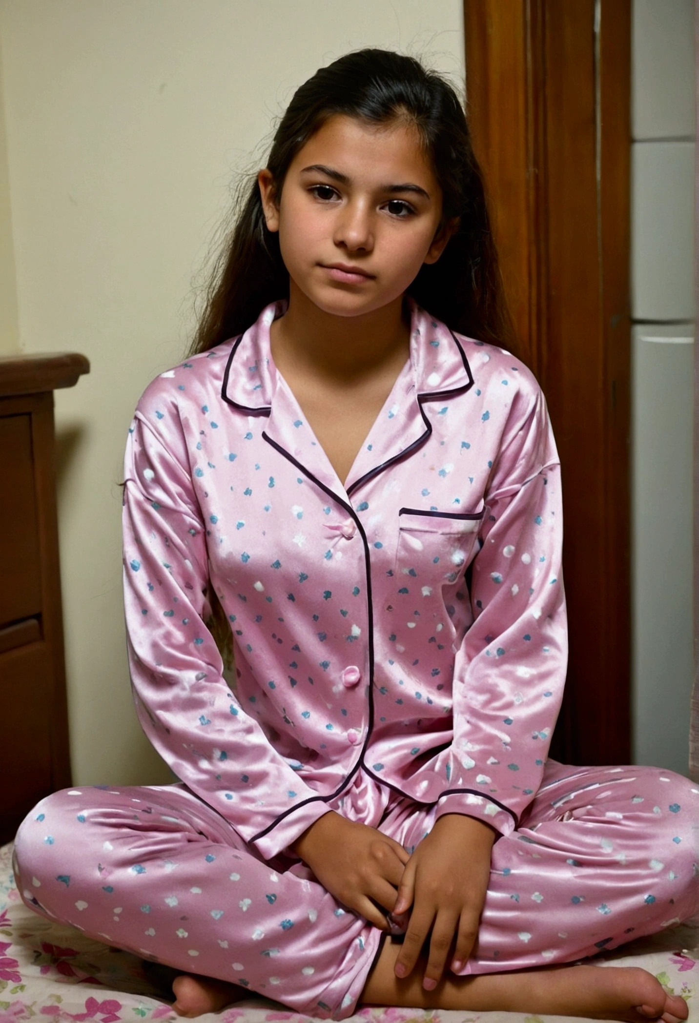 Young Colombian girl aged 21 in a room in her pajamas