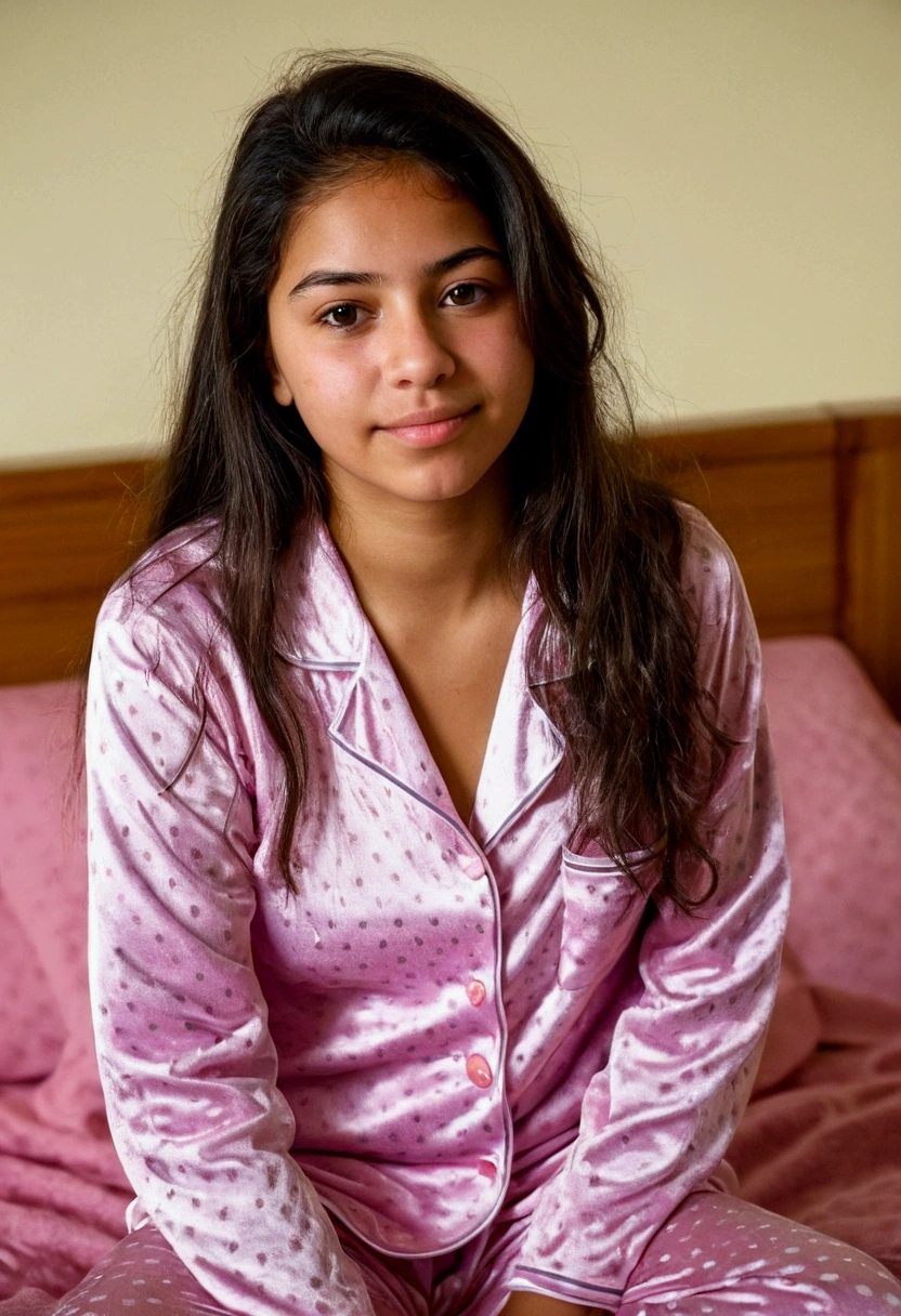 Young Colombian girl aged 21 in a room in her pajamas