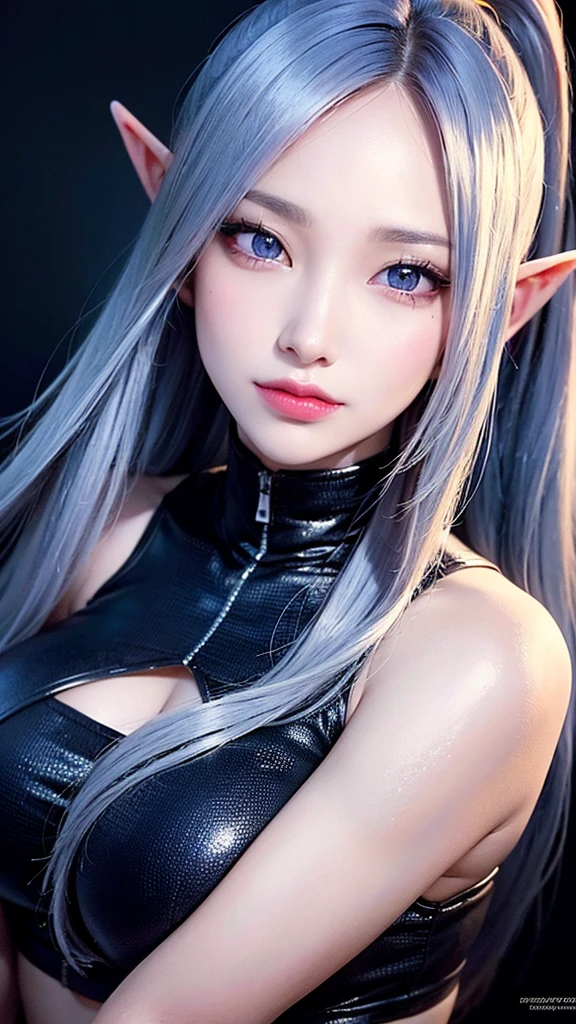 A beautiful elf with blue skin and with striking purple eyes, her right eye covered with a black patch, her hair is blue-grey, tide up in a high ponytail, wearing a black crop top that reveals her midriff(best quality,4k,8k,highres,masterpiece:1.2),ultra-detailed,(realistic,photorealistic,photo-realistic:1.37),detailed face and features, high quality digital art, fantasy character, dramatic lighting, vibrant colors, blue skin