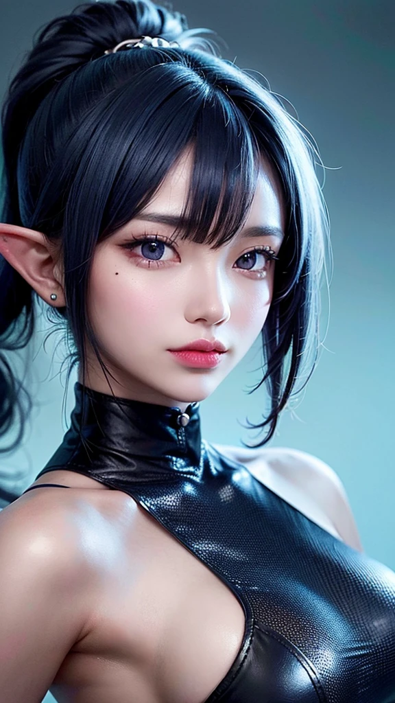 A beautiful elf with blue skin and with striking purple eyes, her right eye covered with a black patch, her hair is blue-grey, tide up in a high ponytail, wearing a black crop top that reveals her midriff(best quality,4k,8k,highres,masterpiece:1.2),ultra-detailed,(realistic,photorealistic,photo-realistic:1.37),detailed face and features, high quality digital art, fantasy character, dramatic lighting, vibrant colors, blue skin