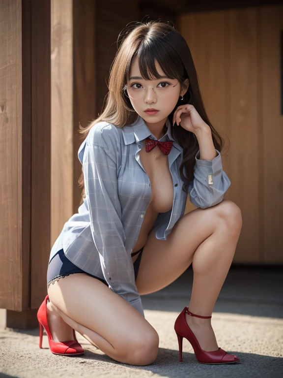 (((Unbuttoned shirt:1.65)))、(((Knee-high:1.35)))、(((Panties:1.35)))、(((High heels:1.35)))、(8k、RAW Photosgraphy、Highest quality、masterpiece:1.2),Absurd,Small Face,Small ,Flat Chest,前hairを真ん中から分ける、The forehead is visible,(eyeを細めて,strong,skinny,Sanding,Rage)、masterpiece,Highest quality、Ultra-high resolution,RAW Photos,Len,Beautiful poop,One person, solo,Glasses,,Dark look,Small breasts,whole body,Round Glasses、cute、Japanese women,standing,(eyeを細めて,strong,skinny,Sanding,Rage,,Flat Chest)、(Photorealistic:1.37)、Photon Mapping,Light blue ribbon,Realistic、cute顔,茶色のeye、Black socks、(Red bow tie)、Radio City、物理ベースLenダリング、prospect、Depth of written boundary、Blurred Background、picture,Girls、body, Long legs, Thin legs,semi-long,(前hairが見える), hair, Lips, green_eye, Nose Soft,White shirt, Navy blue and white plaid pleated skirt, I can see your knees,See-through clothing,, thigh, black cotton socks,Nogizaka Idol, , Japanese Ido