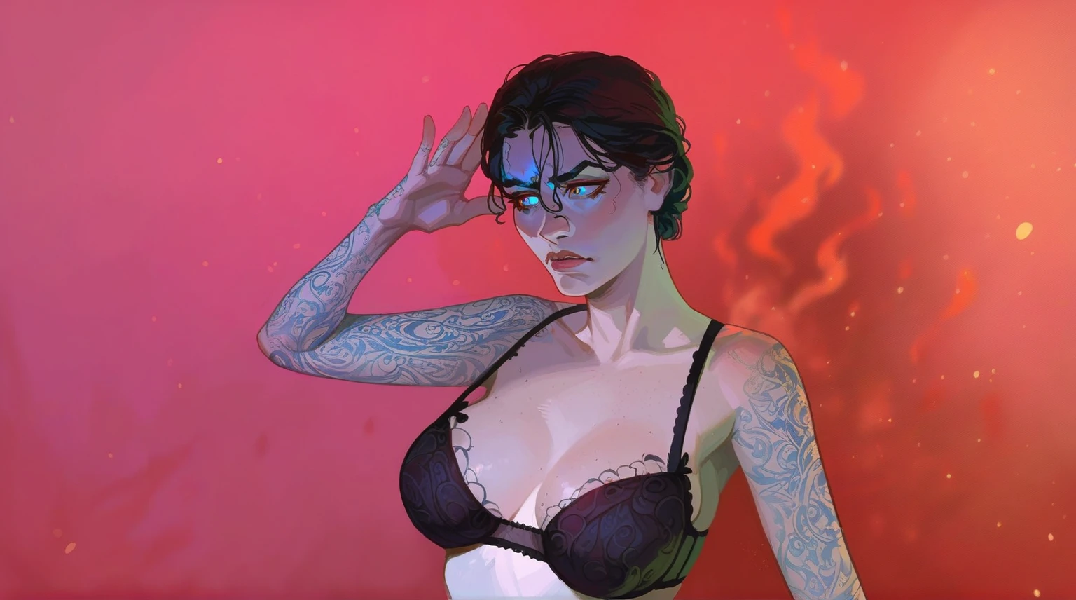 score_9, score_8_up, score_8_up, 1girl, depth of field, raw, intimate shot ((glowing particles, flames)), large perfect breasts,