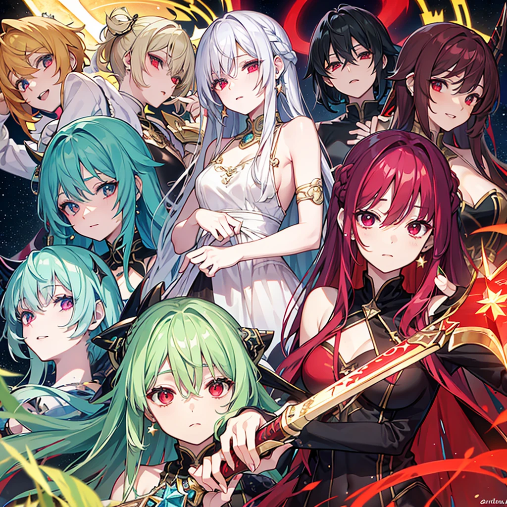 high resolution, shorth hair, Eyes red, aretes, sheen, stele, pretty, hair green, star accessories, sleepy eyes.