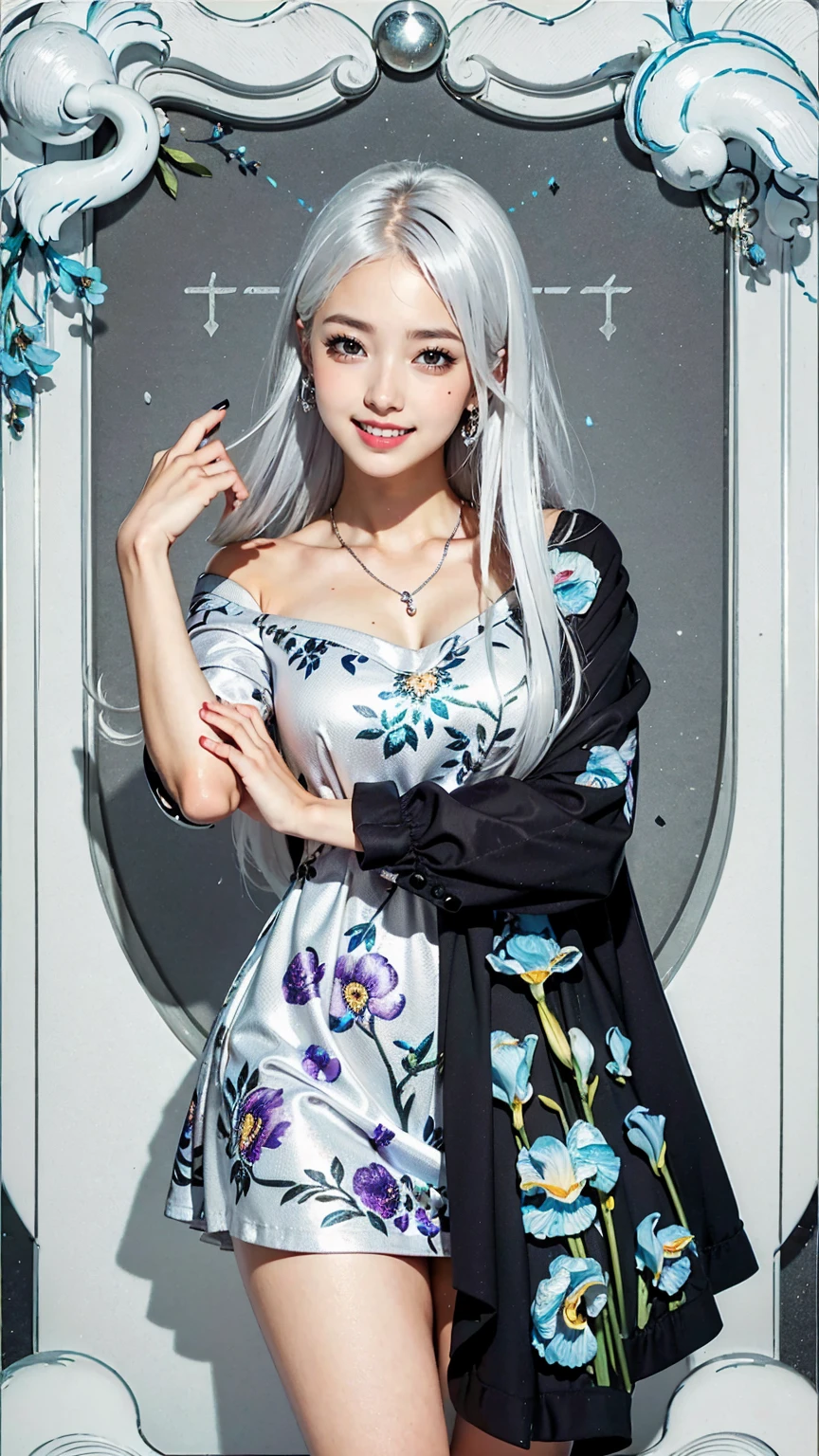 (Tarot card style:1.3), (Anime Style:1.3), masterpiece, Highest quality, Highest Resolution, Anatomically correct, Accurate Anatomy, (Floral blank background:1.3), (1girl:1.3), 20-year-old, Height: 165cm, Shot from thigh up, (Thick thighs:1.2), (Long Hair, Straight Hair, Silver Hair:1.3), (Squint your eyes, Sharp Eyes, (Iris:1.2)), (Hidden eyelid wrinkles:1.2), Thin eyebrows, Draw eyelashes carefully, Natural Makeup, Chin up, Grin, Slightly to the side, (Fantastic world dresses:1.3), (Pose a random model:1.2)