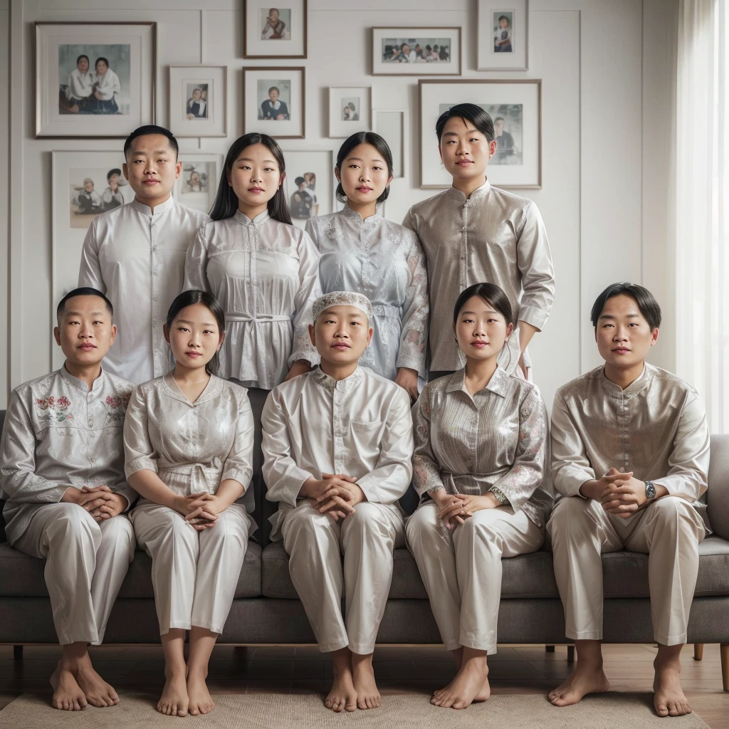 there are many people sitting on a couch together in front of pictures, barong family, barong family member, michelin man family portrait, an indonesian family portrait, a group of people, full body portrait of a group, nft portrait, full - body artwork, family portrait, by Jang Seung-eop, faceless people, no faces, multiple faces