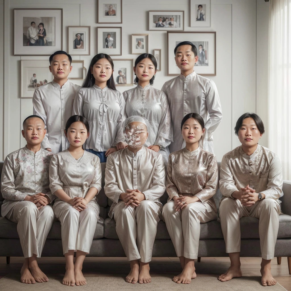 there are many people sitting on a couch together in front of pictures, barong family, barong family member, michelin man family portrait, an indonesian family portrait, a group of people, full body portrait of a group, nft portrait, full - body artwork, family portrait, by Jang Seung-eop, faceless people, no faces, multiple faces