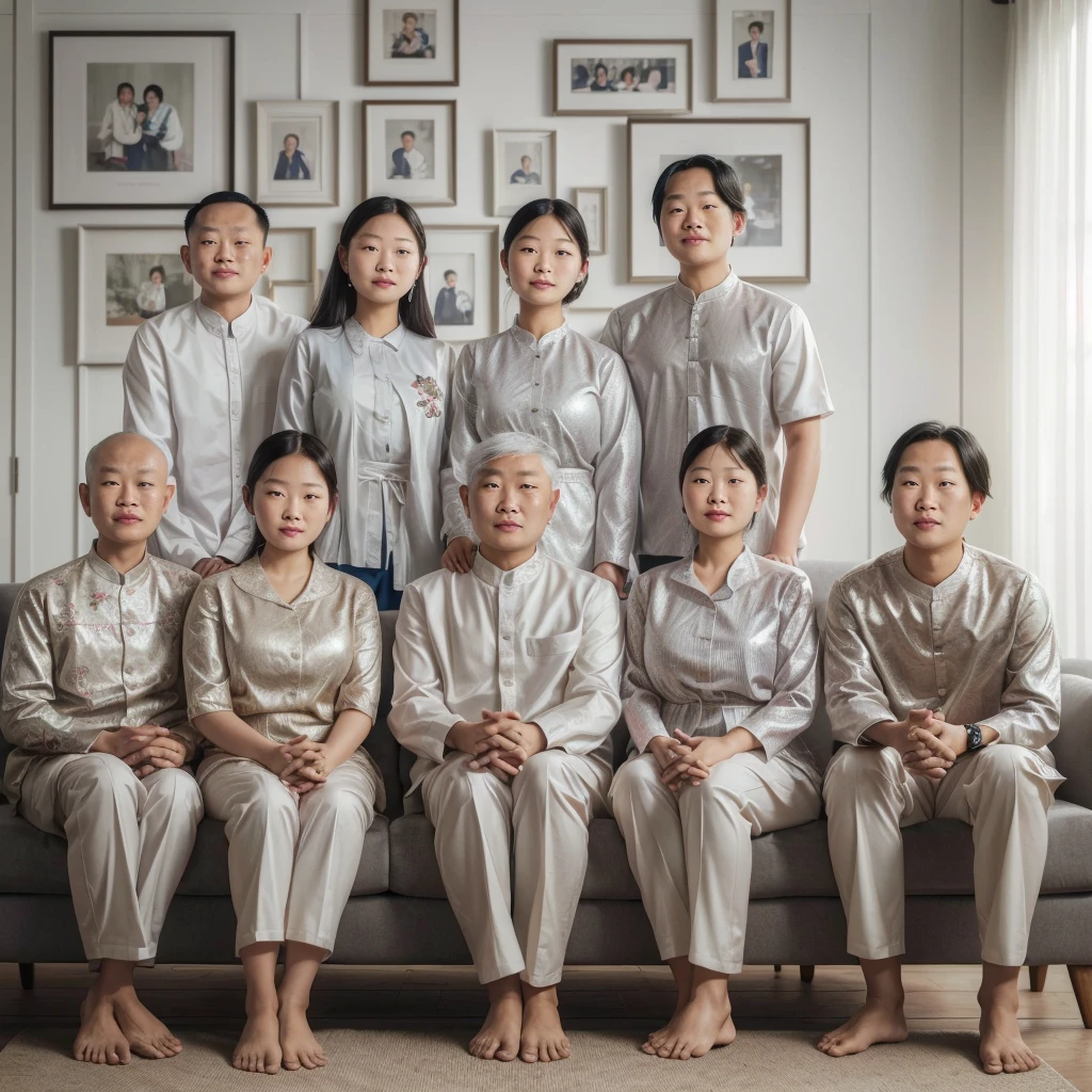 there are many people sitting on a couch together in front of pictures, barong family, barong family member, michelin man family portrait, an indonesian family portrait, a group of people, full body portrait of a group, nft portrait, full - body artwork, family portrait, by Jang Seung-eop, faceless people, no faces, multiple faces