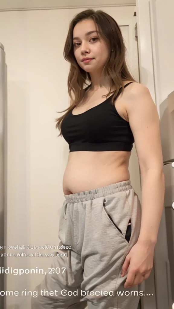 arafed woman in a black top and grey pants standing in front of a refrigerator, belly button showing, her belly is fat and round, belly exposed, her belly button is exposed, she has a jiggly fat round belly, physical : tinyest midriff ever, visible belly, tinyest midriff ever, thicc, pregnant belly