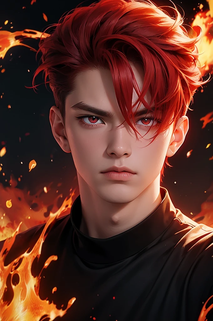 boy anime, 15 years, selfie, head-set, music, red eyes, red hair, angry, fire background