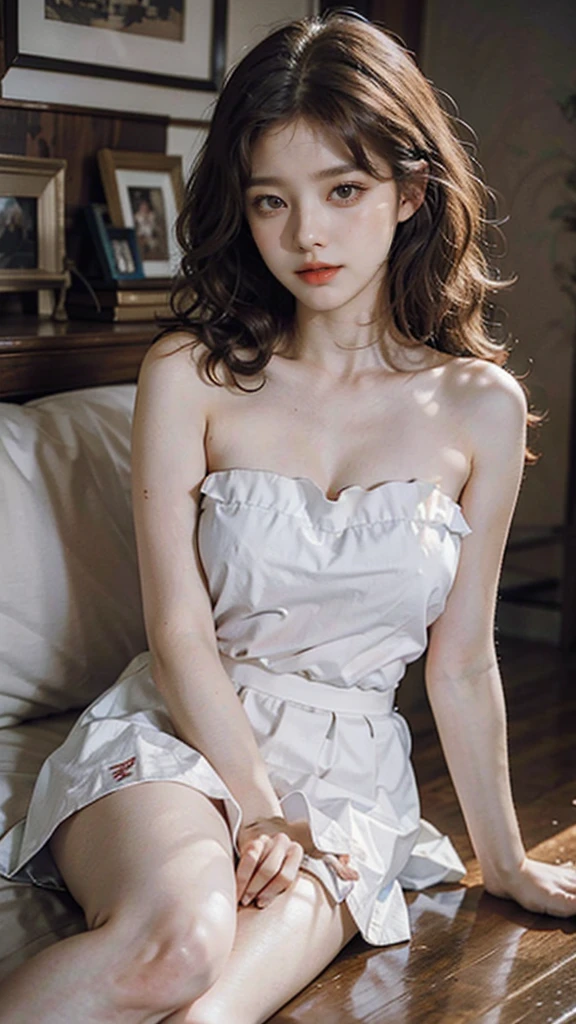 Detailed background, Masterpiece, best quality, 1 person , curly hair, long hair, purple eyes, in sight , white strapless shirt, short skirt (Sitting in an m shape)