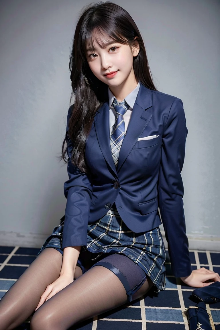 (8k), (best quality: 1.2), (realistic), (realistic: 1.37), ultra high resolution, (1 girl), cute, blush,embarrassed smile, beautiful details, beautiful nose, wet hair, huge two cells, pork, thighs,Self Snap,college ,(Simple navy blue blazer:1.4),(pleated skirt:1.2),(The skirt and tie are in a gray tartan check pattern..:1.3),(seat:1), sit on the floor,(hold my feet:1),(shiny pantyhose:1.2),in front,knee