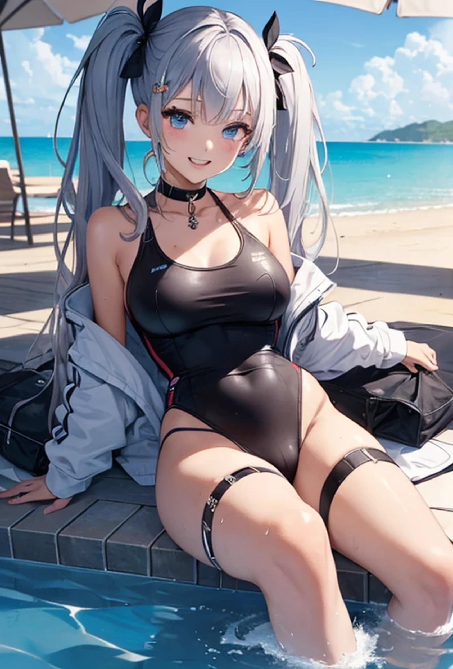 (Super detailed、Ultra-high resolution、8K masterpiece、Vibrant colors)、((Flat Color))、((Floating water))、summer、Poolside、A woman wearing a bondage swimsuit with holes、Big Breasts、Bound with gold chains、
((body paint、Pop tattoo on thigh))、Big Breasts、Spread your legs、Random Pause、Angle seen from behind、Sweaty、
(choker）、cameltoe、Beautiful hip line、
(Twin tails、Vermilion blue silver hair、hair ornaments)、Beautiful blue eyes、Beautiful red lip、（fun、smile、Ahegao）、
TWICE&#39;s Tzuyu&#39; on pause、