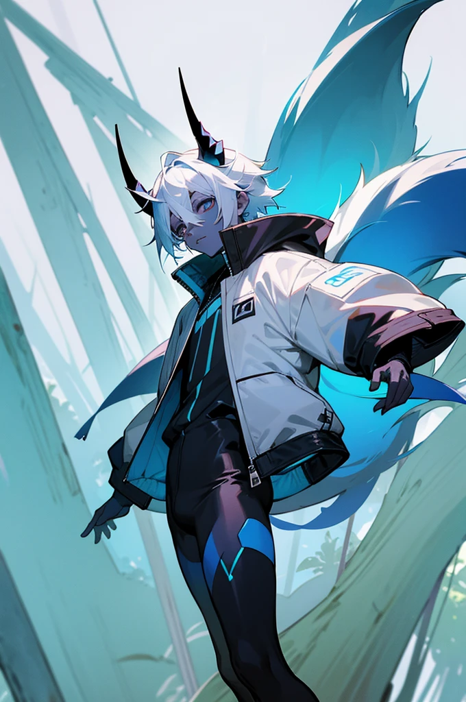 1male, black and blue skin color, white hair ,small horns, with a tail, Jump jacket, Forest background,standing pose.