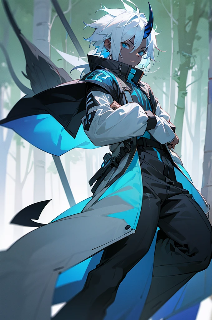 1male, black and blue skin color, white hair ,small horns, with a tail, Jump jacket, Forest background,standing pose.