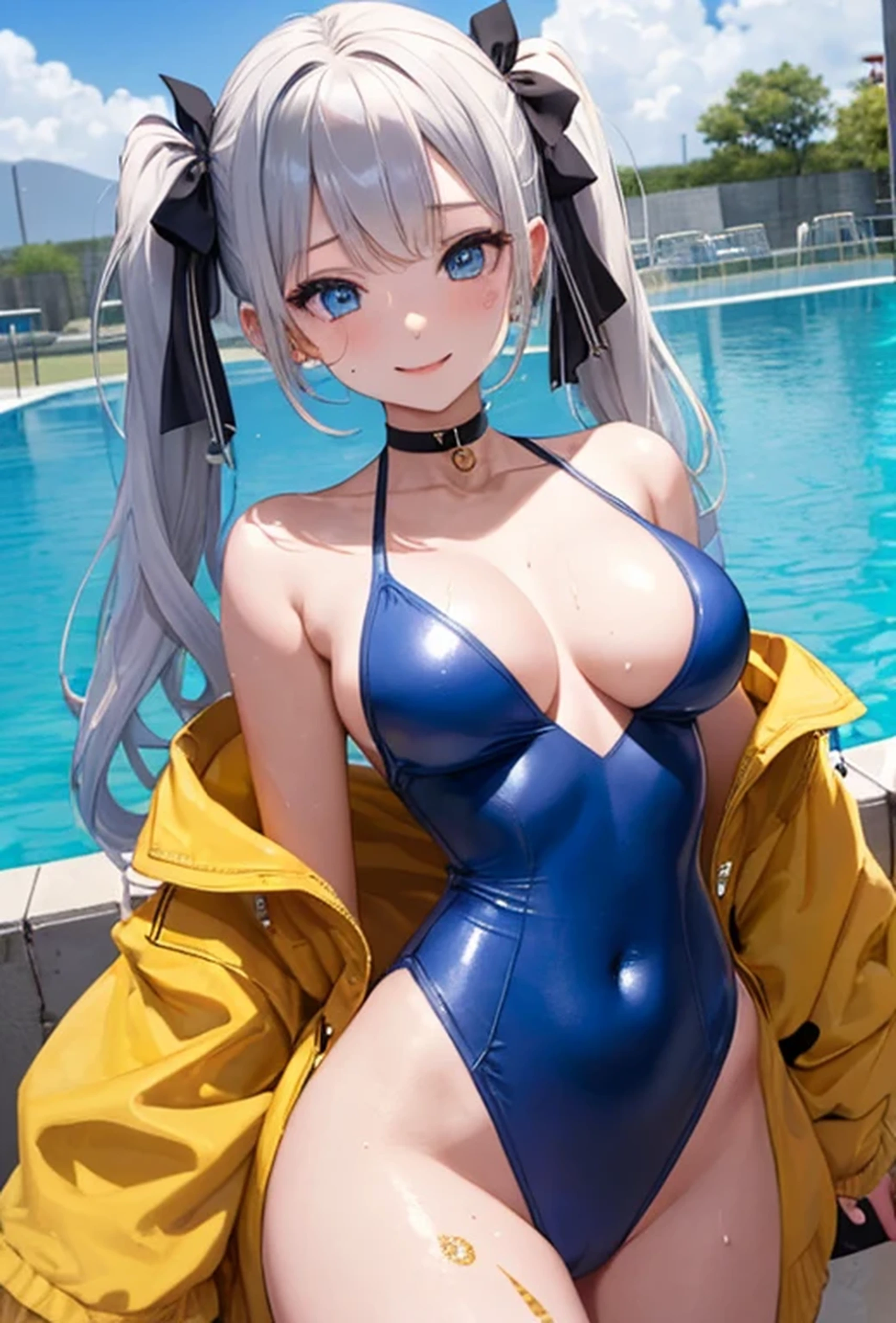 (Super detailed、Ultra-high resolution、8K masterpiece、Vibrant colors)、((Flat Color))、((Floating water))、summer、Poolside、A woman wearing a bondage swimsuit with holes、Big Breasts、Bound with gold chains、
((body paint、Pop tattoo on thigh))、Big Breasts、Spread your legs、Random Pause、Angle seen from behind、Sweaty、
(choker）、cameltoe、Beautiful hip line、
(Twin tails、Vermilion blue silver hair、hair ornaments)、Beautiful blue eyes、Beautiful red lip、（fun、smile、Ahegao）、
TWICE&#39;s Tzuyu&#39; on pause、