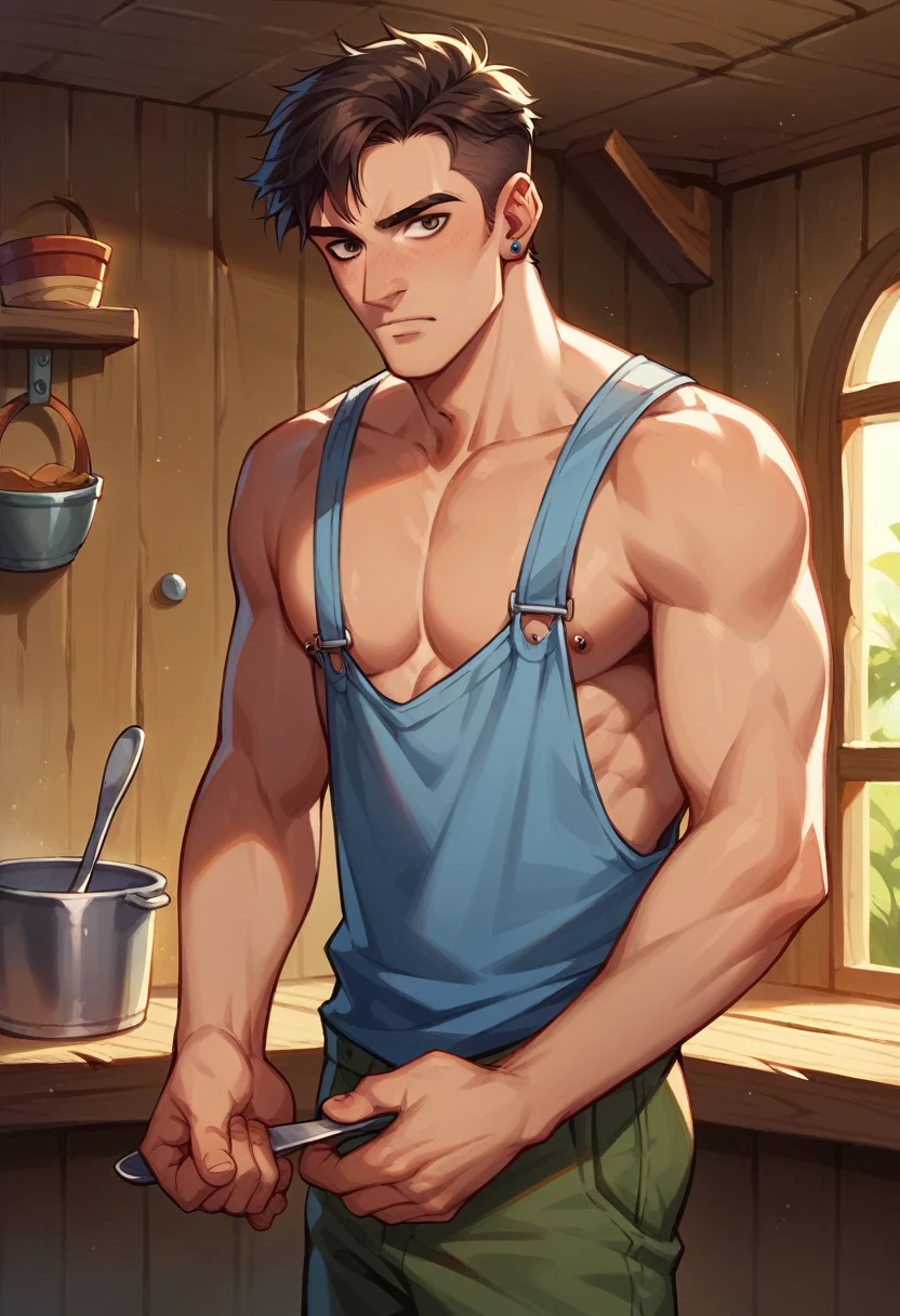 (2D style) (HD) Aidan, inside the rustic wooden cabin, he dropped the spoon with which he was stirring the pot of stew, assutado (Aidan: Cao Cao, presence, brawny, handsome man. His piercing dark brown eyes. chestnut hair, medium cut, Stripped, giving him a more relaxed appearance compared to his older brother's seriousness, wool t-shirt.), snowfall in the street. cold temperature.