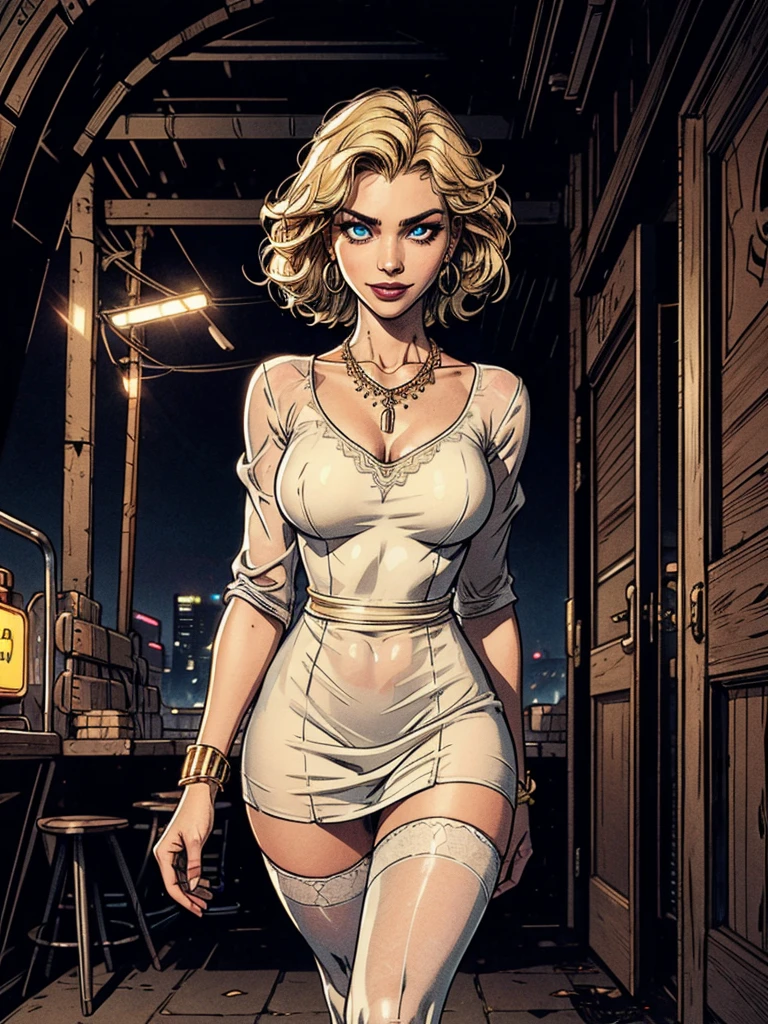 8k, masterpiece, RAW photo, best quality, detail:1.2),photorealistic, extremely detailed CG unity 8k wallpaper, Depth of field, Cinematic Light, Lens Flare, Ray tracing, (extremely beautiful face, beautiful lips, beautiful eyes), intricate detail face, ((ultra detailed skin)), 1girl, in the dark, deep shadow, pretty girl,(very slim slender fit-muscled body:1.3), ((looking at viewer)),(big smile), (tight mini dress), (shot sleeve) , (city night, (neon sign), (night), earrings, bracelets, necklace, pantyhose, clear eyes, walking , (pale skin), face forward, (big eyes), ((upper body shot)), tight-fitting dress, silk dress, laced dress, (see through dress), , very slim, slander, blonde hair, tight ultra mini skirt