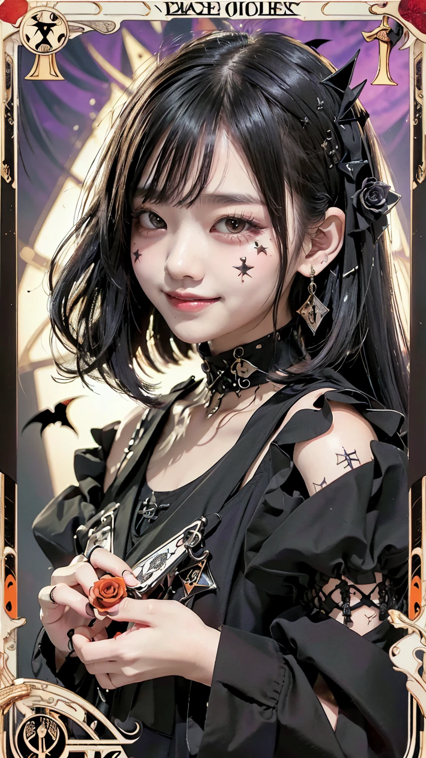 Realistic、A delicate and detailed masterpiece、Highest quality、Highest quality、(Tarot card style:1.3)、Purple Rose Background、One Woman、Upper body photo、(Gothic punk outfit:1.3)、(Black Hair、Hime cut, Long Hair:1.2)、Natural Makeup、Eyelash extensions、Draw eyelashes sharply、Thin eyebrows、Deep orange blush、Grin, Showing teeth、Slightly red cheeks、 female