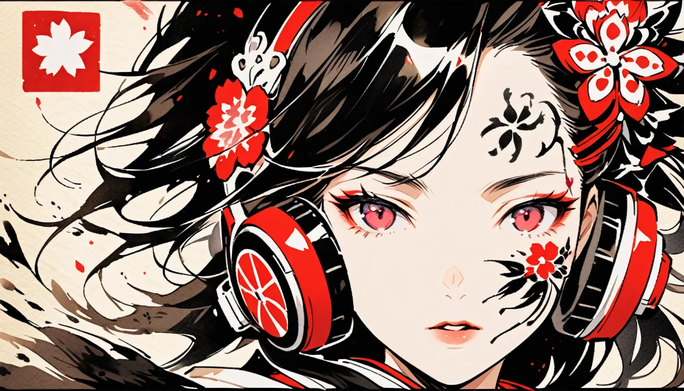(((Ink Painting))), ((Japanese style headphones)), (((Japanese pattern tattoo on face))), face close up, Gorgeous hair accessories, Japan人の女, Fluttering Hair, Japan, Japanese flag