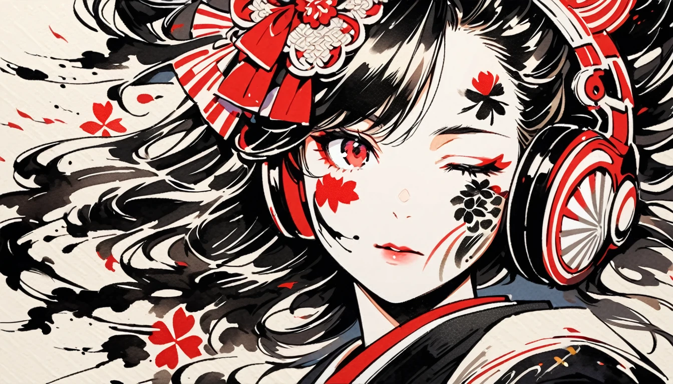 (((Ink Painting))), ((Japanese style headphones)), (((Japanese pattern tattoo on face))), face close up, Gorgeous hair accessories, Japan人の女, Fluttering Hair, Japan, Japanese flag