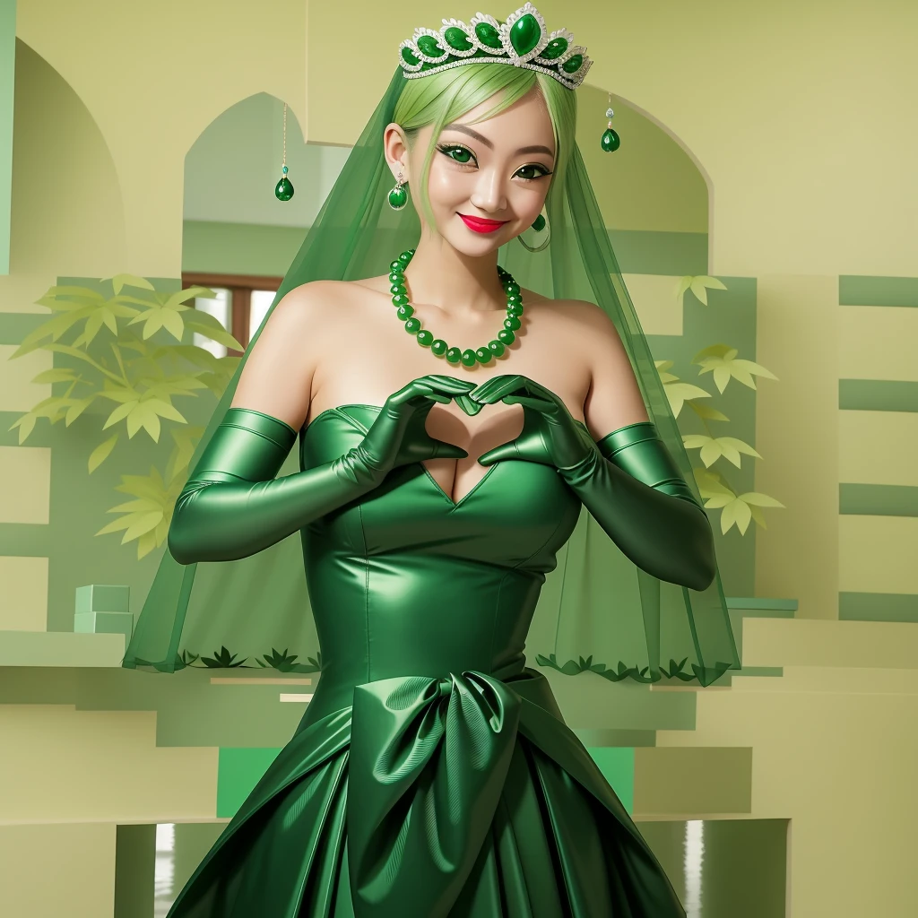 Emerald tiara, Green Pearl Necklace, ボーイッシュな非常に短いGreen Hair, Green Lips, Smiling Japanese woman, Very short hair, Busty beautiful lady, Green Eyes, Green satin long gloves, Green Eyes, Emerald Earrings, Green veil, Heart with both hands, Green Hair, Beautiful Japanese Woman, Heart shaped hands:1.3, green lip gloss