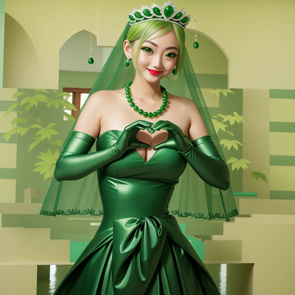 Emerald tiara, Green Pearl Necklace, ボーイッシュな非常に短いGreen Hair, Green Lips, Smiling Japanese woman, Very short hair, Busty beautiful lady, Green Eyes, Green satin long gloves, Green Eyes, Emerald Earrings, Green veil, Heart with both hands, Green Hair, Beautiful Japanese Woman, Heart shaped hands:1.3, green lip gloss