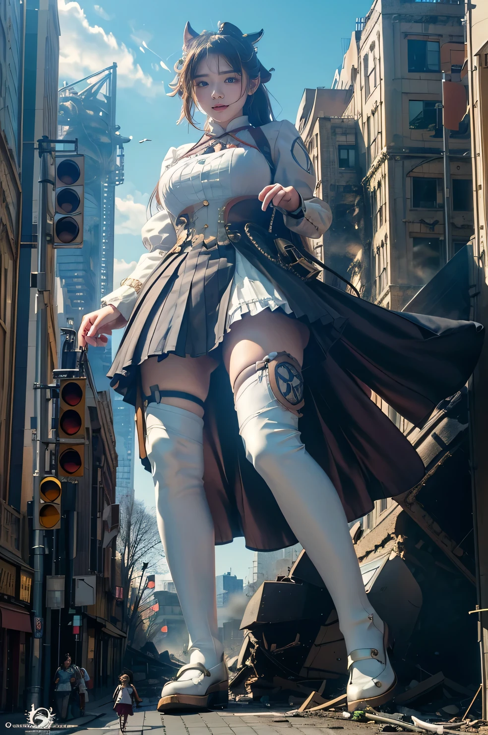 Fisheye Lens、looking at the camera、steampunk、Standing on top of a ruined building、Big building explosion、The building collapses、Urban hustle and bustle、Traffic jam、City of Rubble、street tree、Car and bus、truck、taxi、City boulevard、Pedestrian bridge、Streetcar route、((((Azur Lane Cheshire Cosplay))))、Frilled maid outfit、((Super huge breasts))、((Plump thighs))、Ground View,City of Giants,500 foot tall giant girl,skyscraper,Has super long legs,Step into the crowd,There are many people on the street,Knee-high socks、loafers,A happy look,Standing on the ruins,Beautiful appearance,Exquisite makeup,quality,8k,高quality,Perfect Proportions, Cinema Lighting,Film Grain,The Colors of Fuji,8k,Textured skin,Super Detail,High detail,high quality,High resolution,explode,False Smile、Reaching out