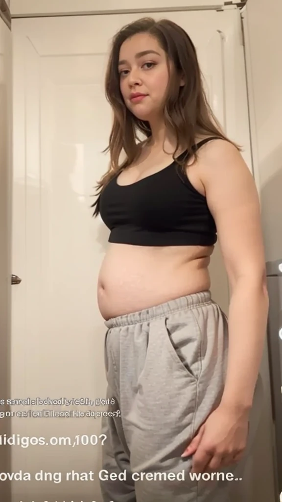 arafed woman in a black top and grey pants standing in front of a refrigerator, belly button showing, her belly is fat and round, belly exposed, her belly button is exposed, she has a jiggly fat round belly, physical : tinyest midriff ever, visible belly, tinyest midriff ever, thicc, pregnant belly