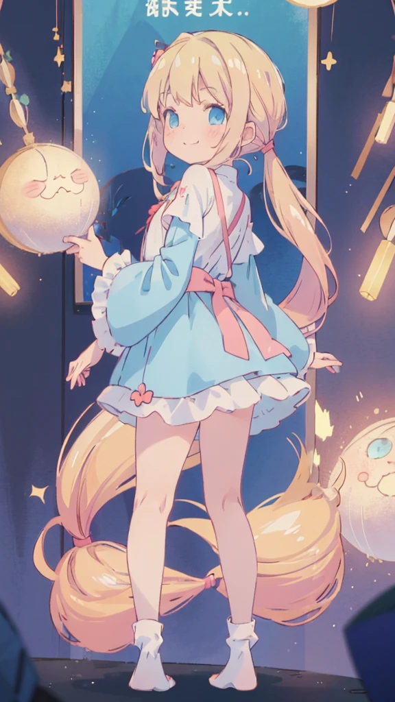((masterpiece))((Highest quality))girl、Smirk、blush、Flat Chest、Are thin、Blonde Hair、blush、Are standing、Whole body image、Eye level to the feet、、No background、Blue clothes、Hair is two colors、Twin tails、Red Alice outfit、Look back