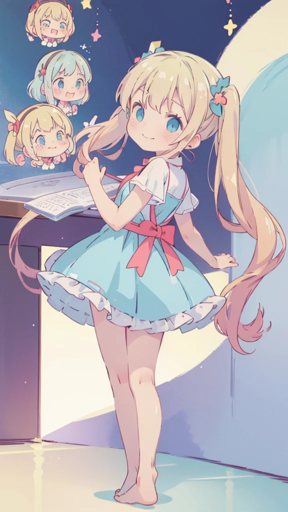 ((masterpiece))((Highest quality))girl、Smirk、blush、Flat Chest、Are thin、Blonde Hair、blush、Are standing、Whole body image、Eye level to the feet、、No background、Blue clothes、Hair is two colors、Twin tails、Red Alice outfit、Look back