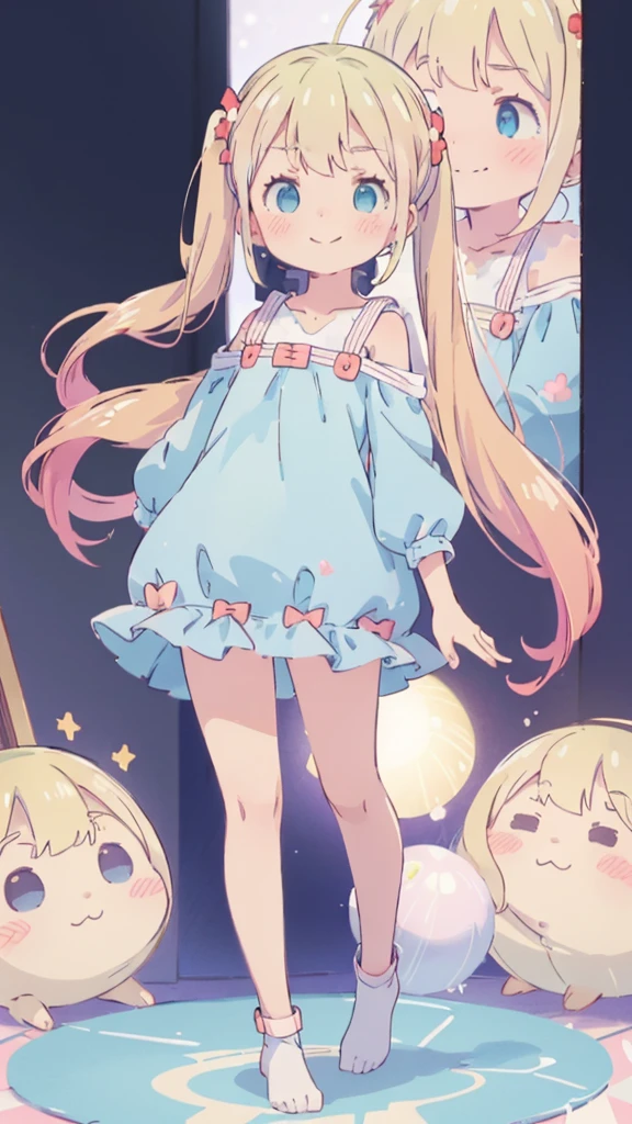 ((masterpiece))((Highest quality))girl、Smirk、blush、Flat Chest、Are thin、Blonde Hair、blush、Are standing、Whole body image、Eye level to the feet、、No background、Blue clothes、Hair is two colors、Twin tails、Red Alice outfit、Look back