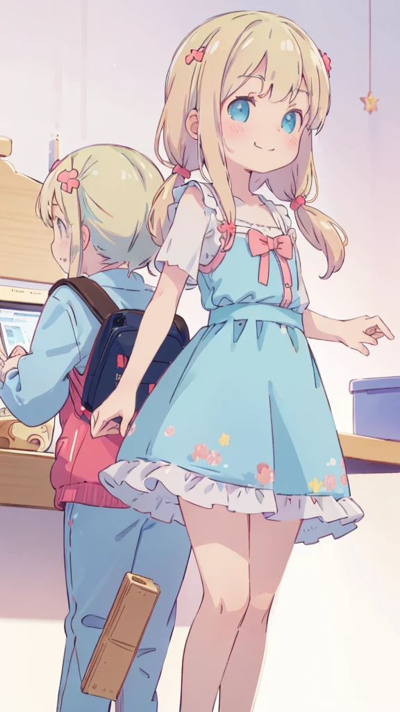 ((masterpiece))((Highest quality))girl、Smirk、blush、Flat Chest、Are thin、Blonde Hair、blush、Are standing、Whole body image、Eye level to the feet、、No background、Blue clothes、Hair is two colors、Twin tails、Red Alice outfit、Look back