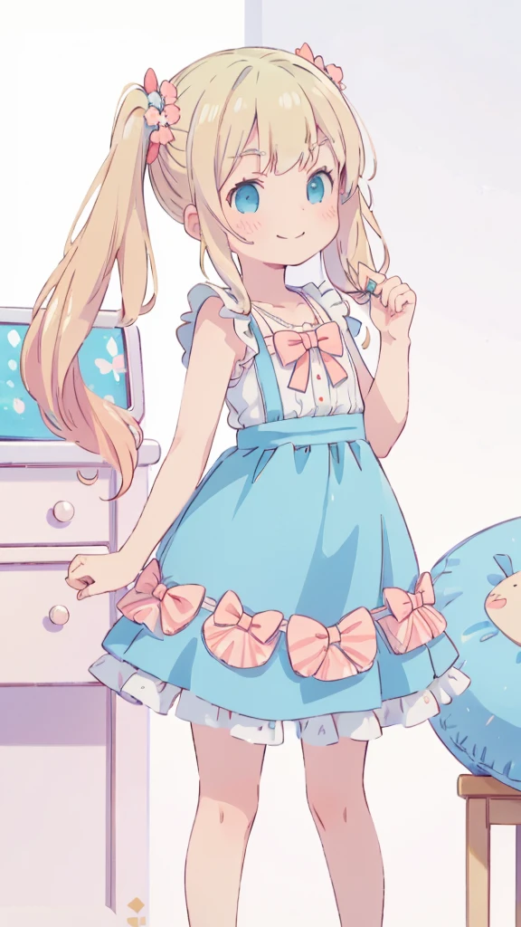 ((masterpiece))((Highest quality))girl、Smirk、blush、Flat Chest、Are thin、Blonde Hair、blush、Are standing、Whole body image、Eye level to the feet、、No background、Blue clothes、Hair is two colors、Twin tails、Red Alice outfit、Look back