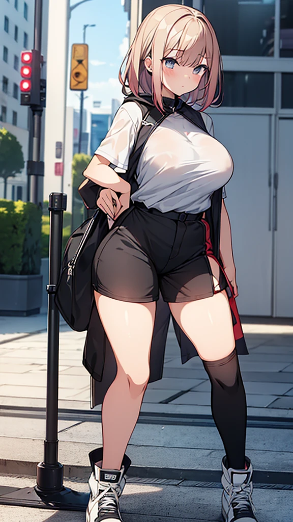 Full body image, front, One girl, 18-year-old, Mix 4, (32K, RAW Photos, Highest quality, masterpiece:1.2), (Anime-like, photoAnime-like:1.37), cute, Short sleeve T-shirt,Shorts,Black knee socks, night, rain, Humidity, Professional Lighting, Photon Mapping, Radio City, Physically Based Rendering, Super Resolution, (Big Breasts:1.2), {{The biological weapon that had preyed on the younger sister took her place and reunited with the older brother, The rebellious little sister has become the obedient little sister}}, Girl Skull, whole body, NSFW