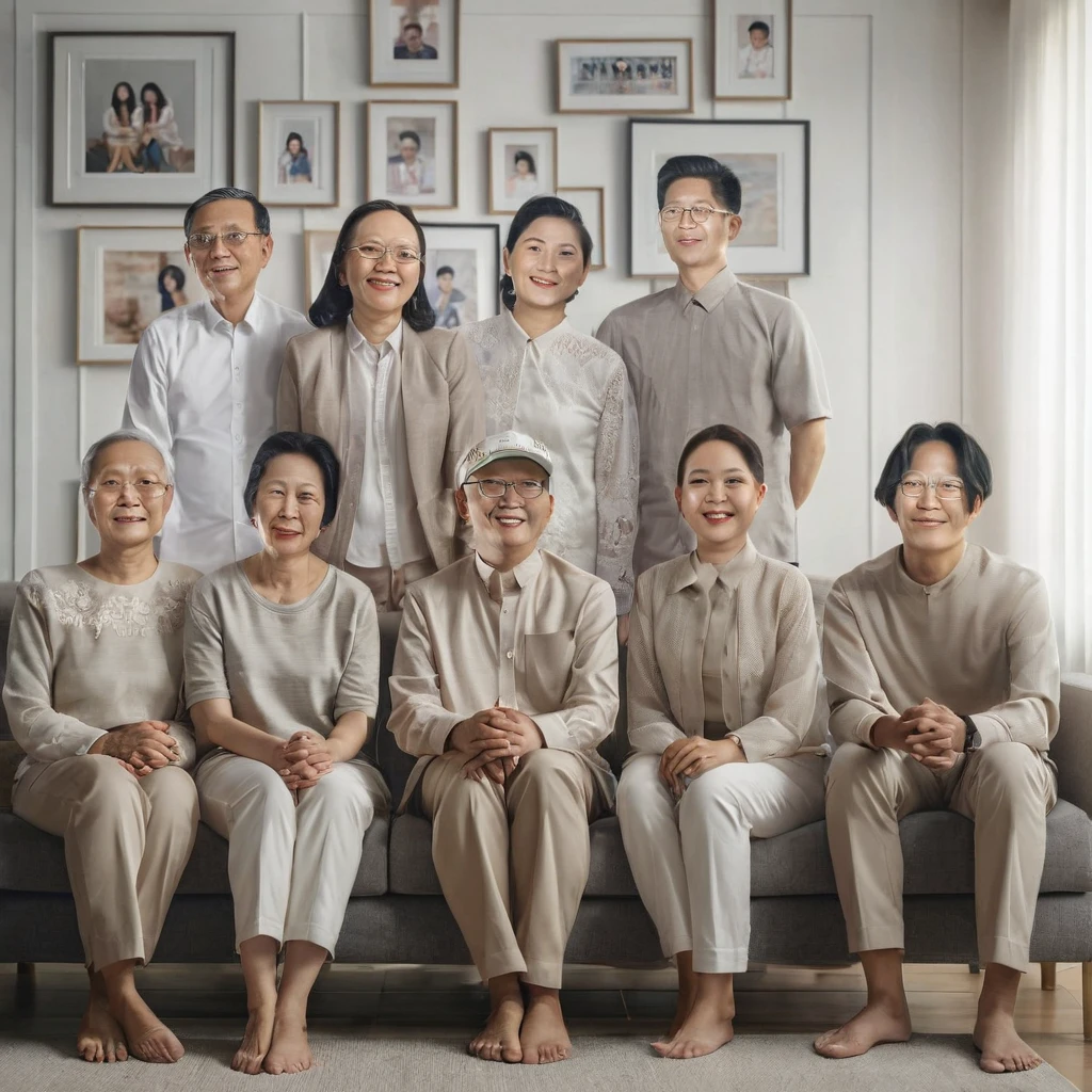 there are many people sitting on a couch together in front of pictures, barong family, barong family member, michelin man family portrait, an indonesian family portrait, a group of people, full body portrait of a group, nft portrait, full - body artwork, family portrait, by Jang Seung-eop, faceless people, no faces, multiple faces