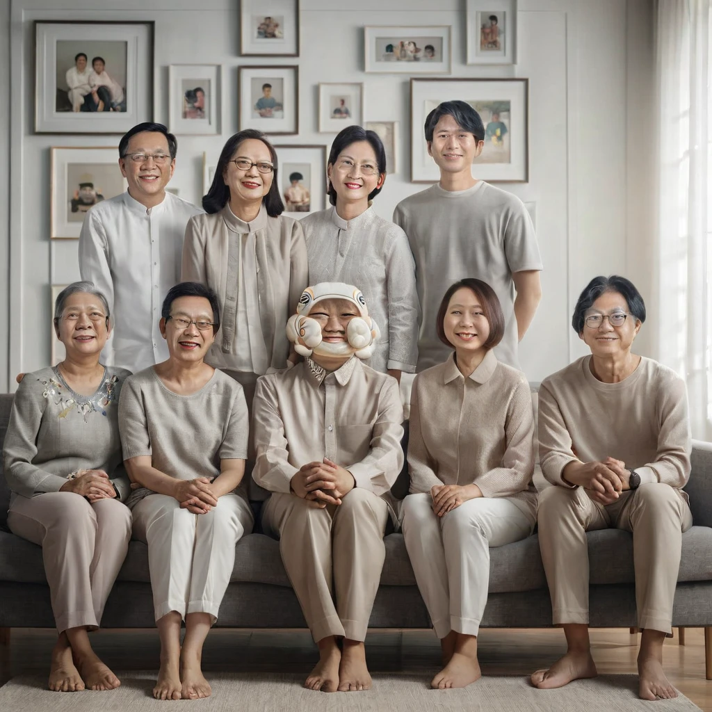 there are many people sitting on a couch together in front of pictures, barong family, barong family member, michelin man family portrait, an indonesian family portrait, a group of people, full body portrait of a group, nft portrait, full - body artwork, family portrait, by Jang Seung-eop, faceless people, no faces, multiple faces