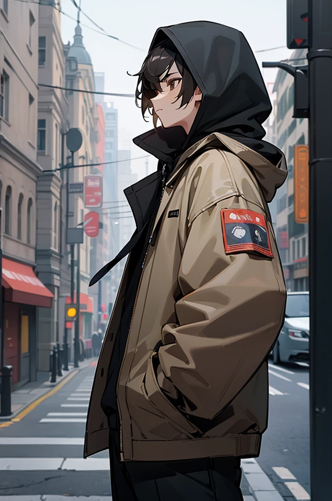 ((best quality)), ((masterpiece)), (detailed), perfect face, mature, balaclava, black uniform, short black hair, brown eyes, black hood, male, hoodie, city street background, arms in pockets, lean build,
