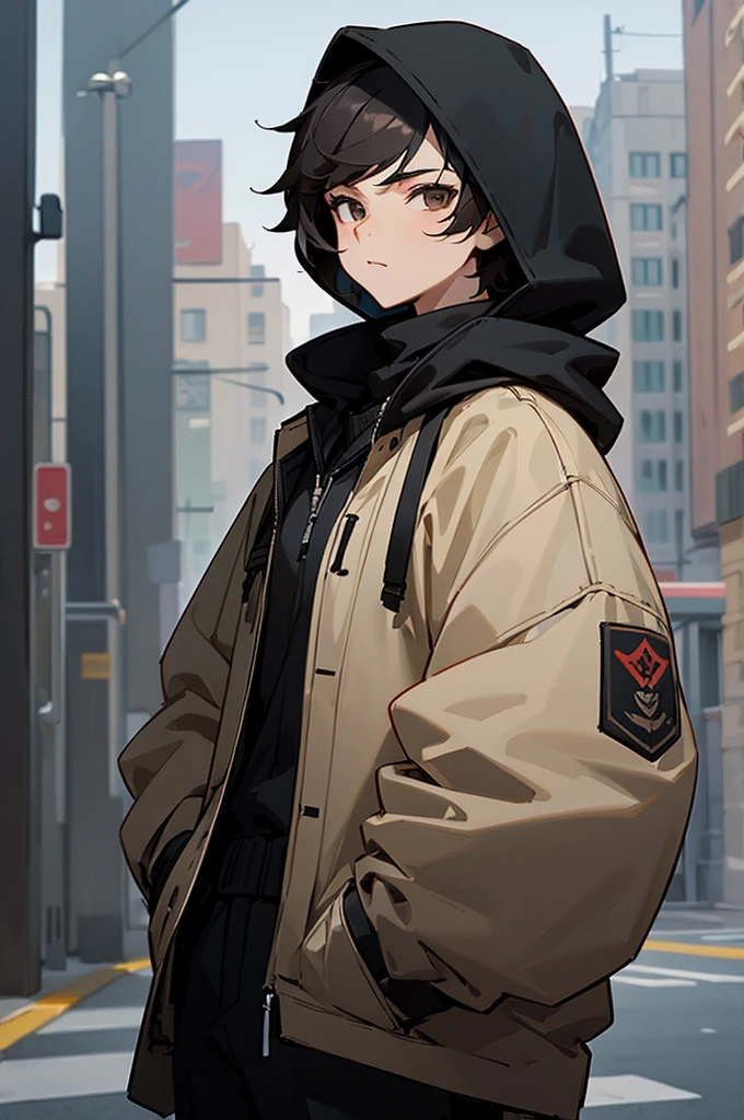 ((best quality)), ((masterpiece)), (detailed), perfect face, mature, balaclava, black uniform, short black hair, brown eyes, black hood, male, hoodie, city street background, arms in pockets, lean build,