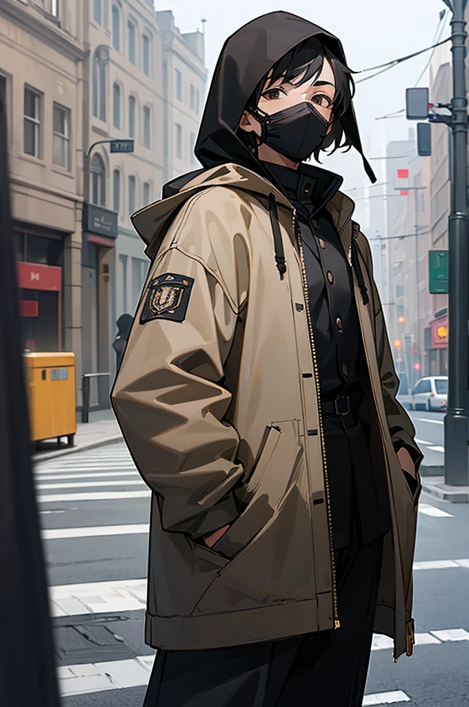((best quality)), ((masterpiece)), (detailed), perfect face, mature, balaclava, black uniform, short black hair, brown eyes, black hood, male, hoodie, city street background, arms in pockets, lean build,