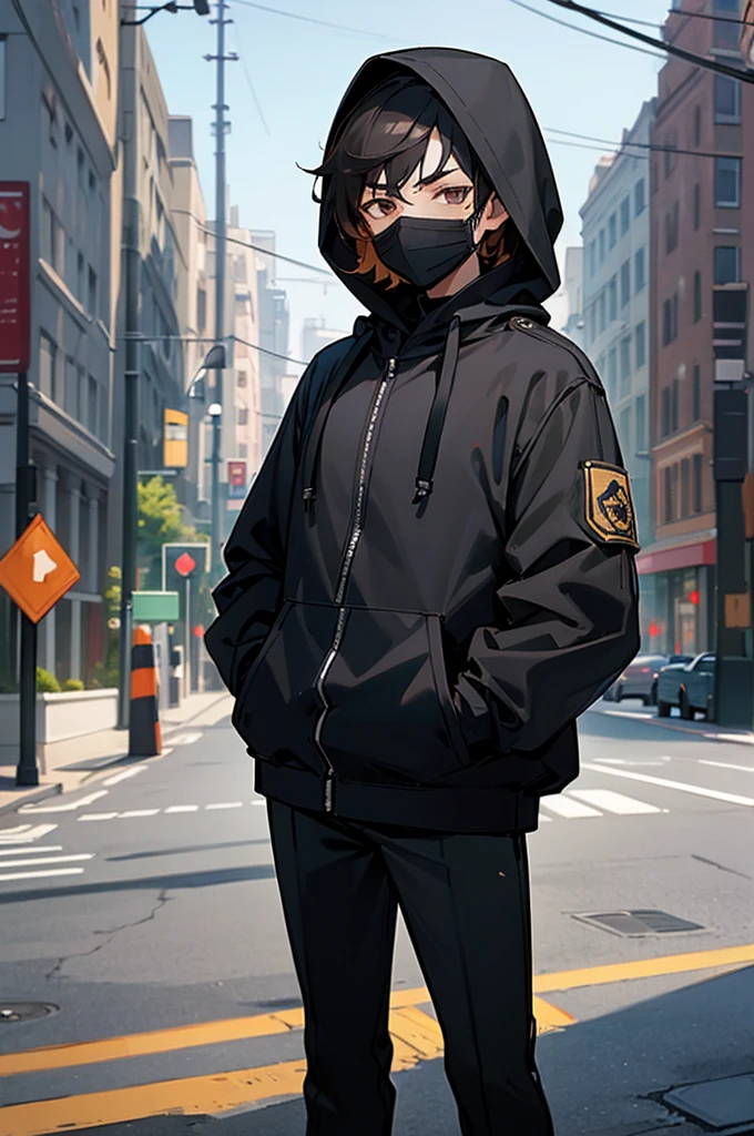 ((best quality)), ((masterpiece)), (detailed), perfect face, mature, balaclava, black uniform, short black hair, brown eyes, black hood, male, hoodie, city street background, arms in pockets, lean build,