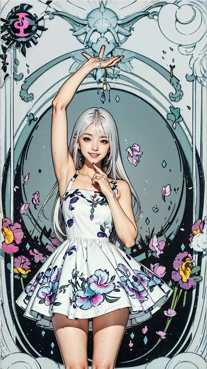 (Tarot card style:1.3), (Anime Style:1.3), masterpiece, Highest quality, Highest Resolution, Anatomically correct, Accurate ???????, (Floral blank background:1.3), (1girl:1.3), 20-year-old, Height: 165cm, Shot from thigh up, (Thick thighs:1.2), (Long Hair, Straight Hair, Silver Hair:1.3), (Squint your eyes, Sharp Eyes, (Iris:1.2)), (Hidden eyelid wrinkles:1.2), Thin eyebrows, Draw eyelashes carefully, Natural Makeup, Chin up, Grin, Slightly to the side, (Fantastic world dresses:1.3), (Pose a random model:1.2)