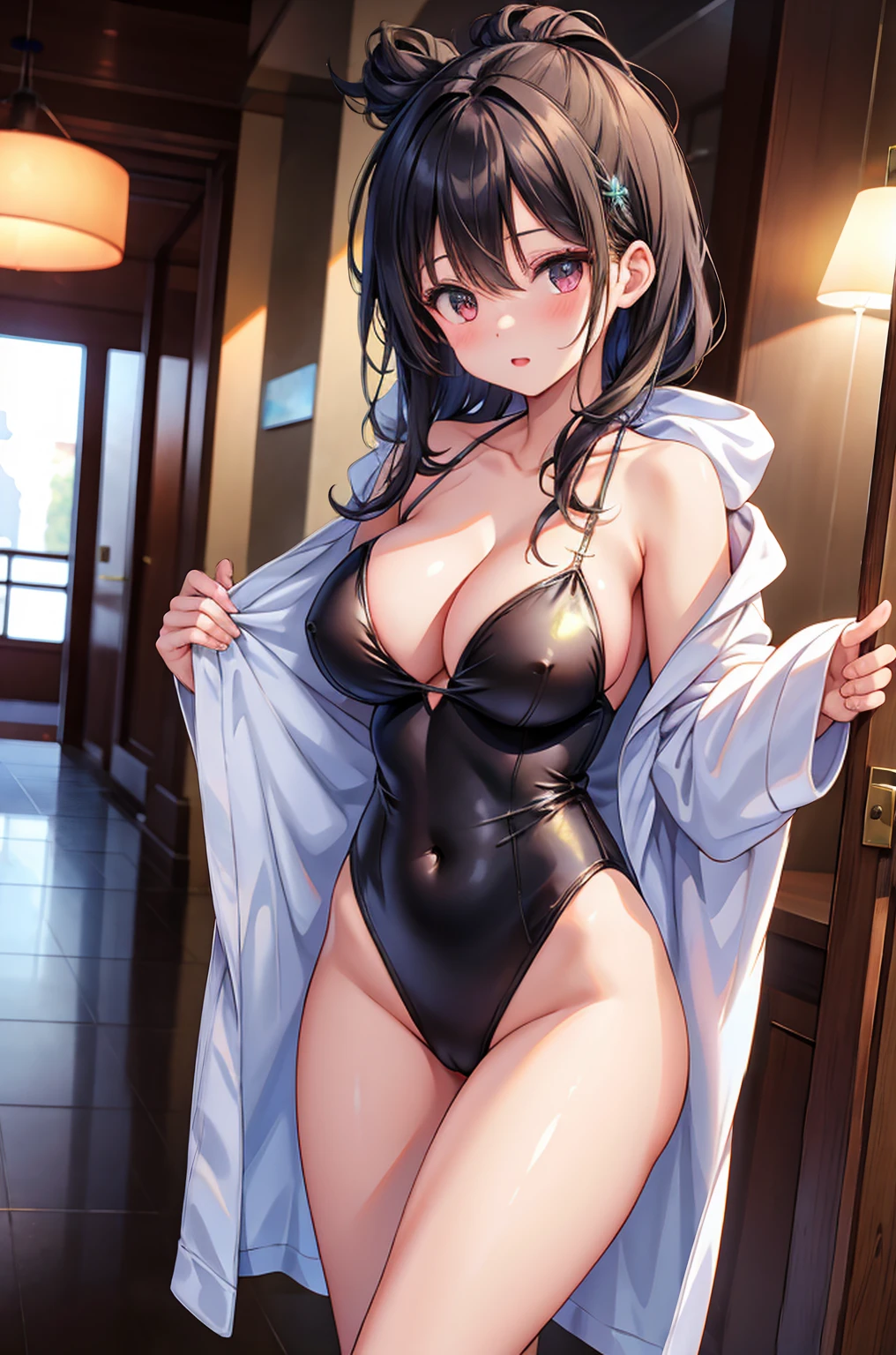 (1 cute girl), age 20, black hair, (large breasts
:1.2), (ripped body),
BREAK,
(rRidiculous cleavage V cut super high leg leotard:1.3, bathrobe:1.3),
break,
standing,
break,
(hotel),
BREAK,
(8k, best quality, raw photo),(masterpiece:1.4),(high resolution:1.4),highly detailed, perfect lighting,