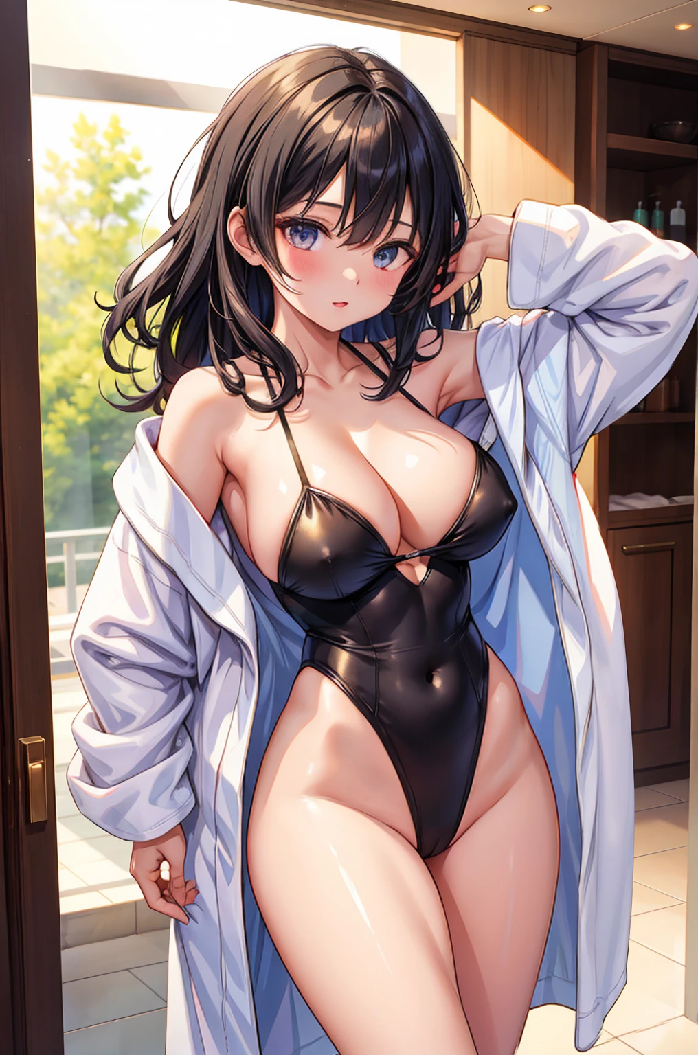  (1 cute girl), age 20, black hair, (large breasts
:1.2), (ripped body),

BREAK,
(rRidiculous cleavage V cut super high leg leotard:1.3, bathrobe:1.3),

break,
standing,

break,
(hotel),

BREAK,
(8k, best quality, raw photo),(masterpiece:1.4),(high resolution:1.4),highly detailed, perfect lighting,