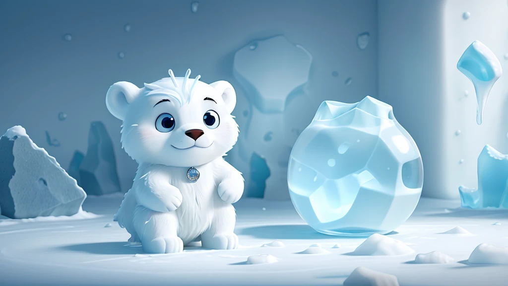 A glass cup contains fresh white milk, inside it is a 'very small' white (polar) bear swimming with half of its body out on the surface of the milk, around it there are towering ice rocks which are also 'very small', the whole is placed in a refrigerator at temperature 2°C, concept art